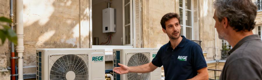 Pac Aireau Choix Technologie Paris 15e Artisan RGE comparant deux modèles de pompe à chaleur air/eau dans une cour d'immeuble parisien