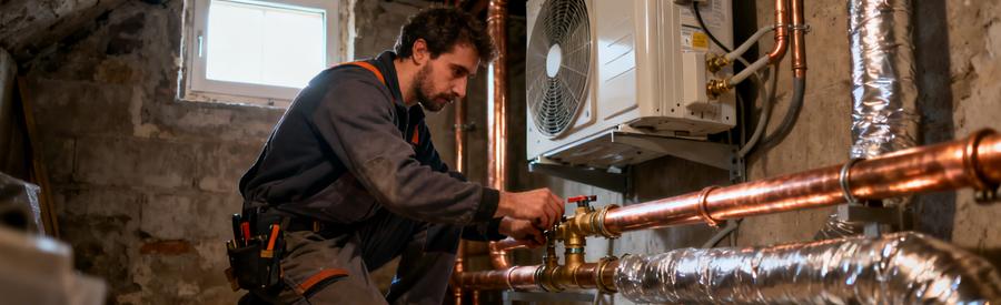 Artisan raccordant une pompe à chaleur air/eau dans un local technique d'un appartement parisien du 14e arrondissement