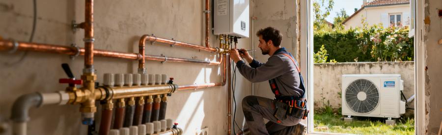 Artisan raccordant une pompe à chaleur air/eau dans un pavillon, remplacement chaudière gaz à Sarcelles
