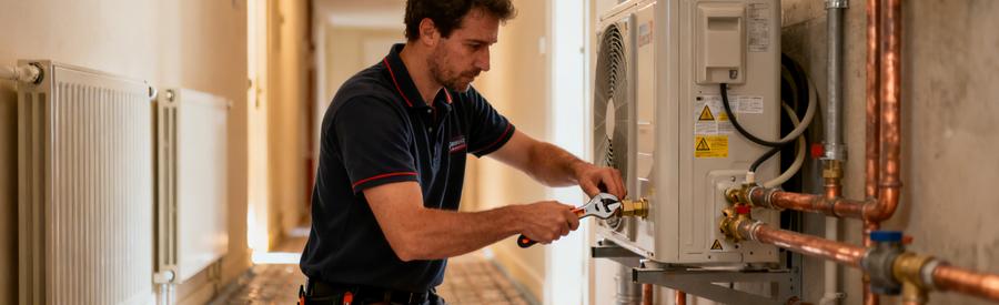 Artisan RGE raccordant une pompe à chaleur air/eau sur circuit radiateurs dans un appartement parisien du 13e