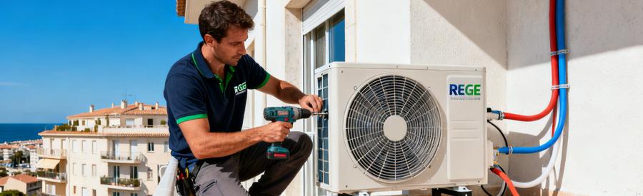 Installation unité extérieure pompe à chaleur sur balcon d'appartement à Saint-Laurent-du-Var par artisan RGE