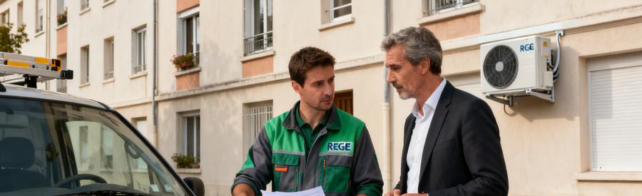 Artisan et syndic étudiant l'installation d'une pompe à chaleur en copropriété à Saint-Denis