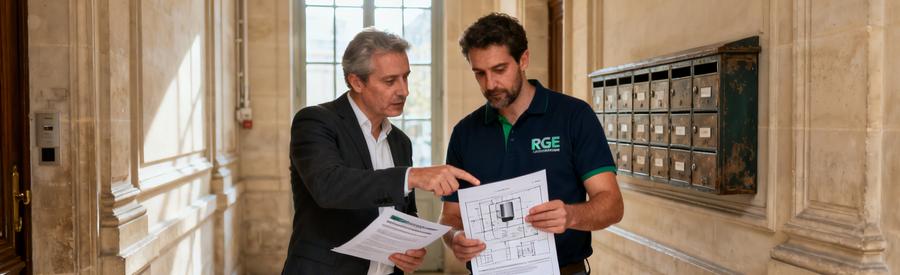 Artisan RGE et syndic étudiant dossier technique PAC dans immeuble haussmannien Paris 6e arrondissement