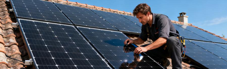 Artisan inspectant un panneau solaire monocristallin noir sur toiture en tuiles, installation résidentielle en France