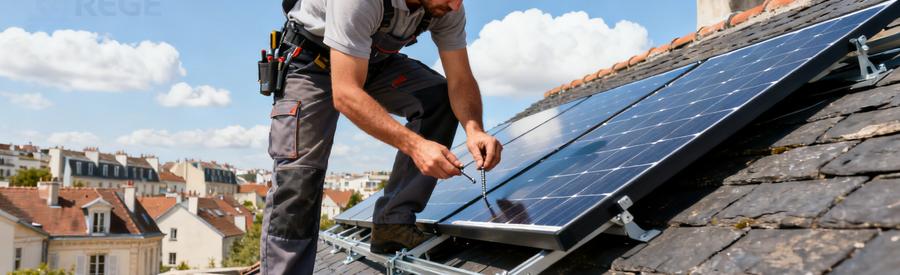 Artisan RGE installant des panneaux solaires sur toiture ardoise d'un pavillon en Île-de-France