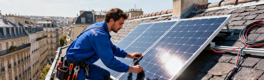 Artisan installant des panneaux solaires monocristallins sur toiture ardoise dans le 15e arrondissement de Paris