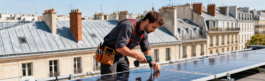 Panneaux Solaires Paris 14e Installation Toiture Immeuble Installateur RGE posant des panneaux solaires sur toiture plate d'immeuble parisien dans le 14e arrondissement