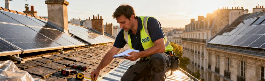 Artisan RGE mesurant une toiture haussmannienne à Paris 17e pour installation de panneaux solaires
