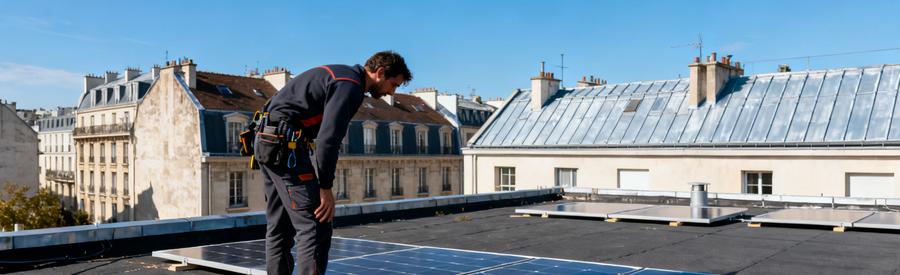 Panneaux Solaires Paris 19e Toit Terrasse Immeuble Artisan RGE évaluant un toit-terrasse parisien pour installation de panneaux solaires dans le 19e arrondissement