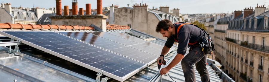Panneaux Solaires Paris 20e Toiture Immeuble Installation Installateur RGE posant des panneaux photovoltaïques sur toiture parisienne dans le 20e arrondissement