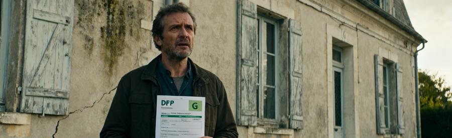 Propriétaire tenant un DPE classé G devant maison ancienne, confronté aux interdictions de la loi Climat