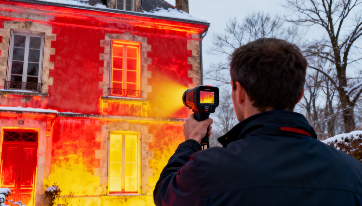 Audit thermique d'un immeuble ancien avec caméra infrarouge révélant les déperditions de chaleur