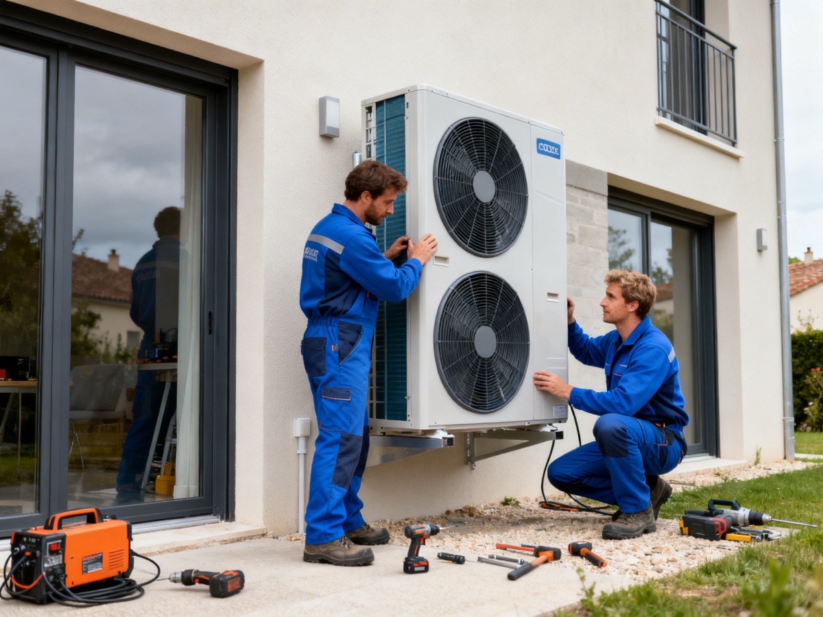 Pompe à chaleur Deux techniciens installent une pompe à chaleur air-eau sur une maison en France