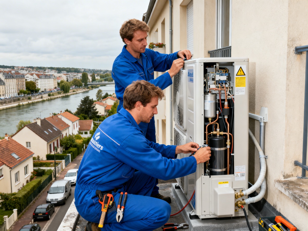 Deux techniciens installent une pompe à chaleur près d un pavillon à Asnières-sur-Seine