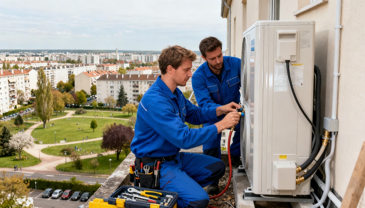 Deux techniciens installent une pompe à chaleur sur un pavillon à Aulnay-sous-Bois