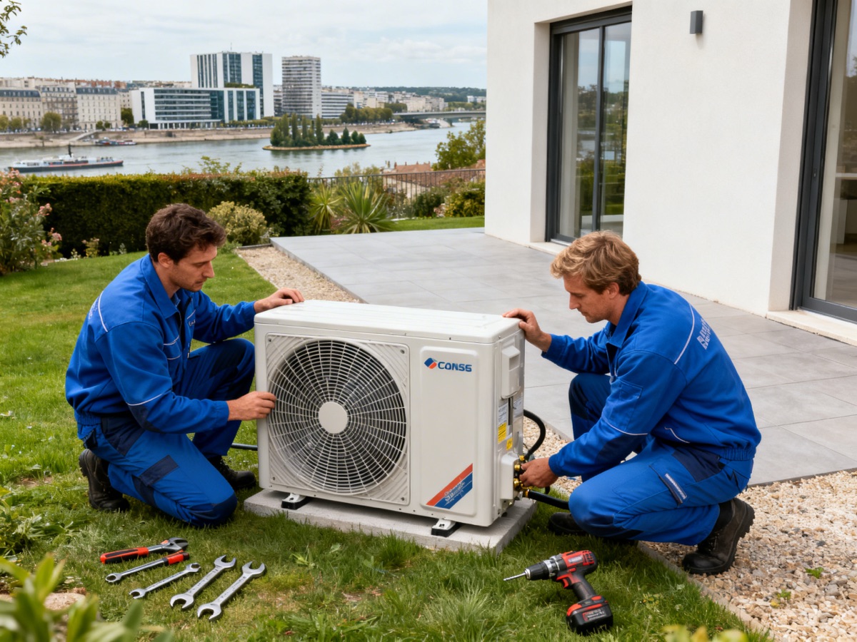 Pompe à chaleur Boulogne-Billancourt Deux techniciens installent une pompe à chaleur dans un jardin à Boulogne-Billancourt