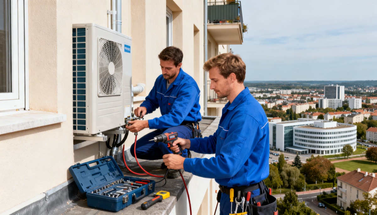 Deux techniciens installent une pompe à chaleur sur un bâtiment résidentiel à Cergy