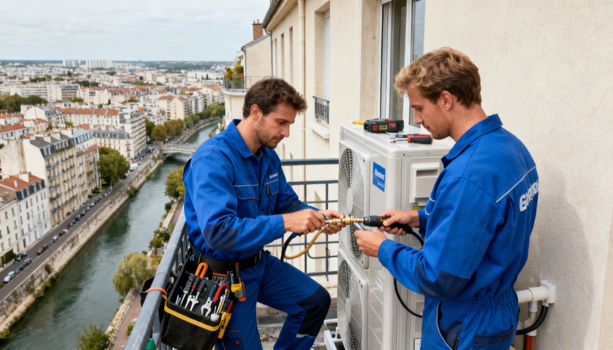 Pompe à chaleur Champigny-sur-Marne Deux techniciens installent une pompe à chaleur sur un immeuble résidentiel à Champigny-sur-Marne