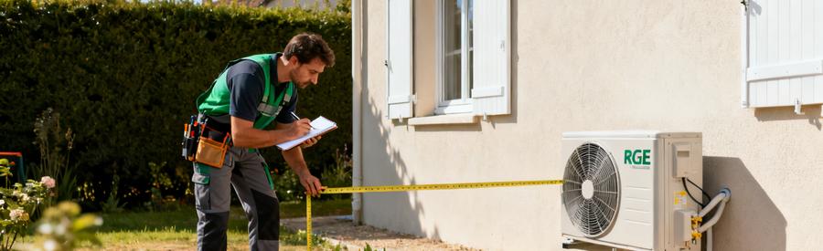 Technicien RGE mesurant l'emplacement d'une pompe à chaleur sur façade de pavillon à Combs-la-Ville