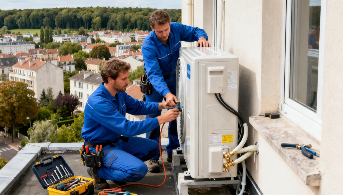 Deux techniciens installent une pompe à chaleur sur un pavillon à Fontenay-sous-Bois