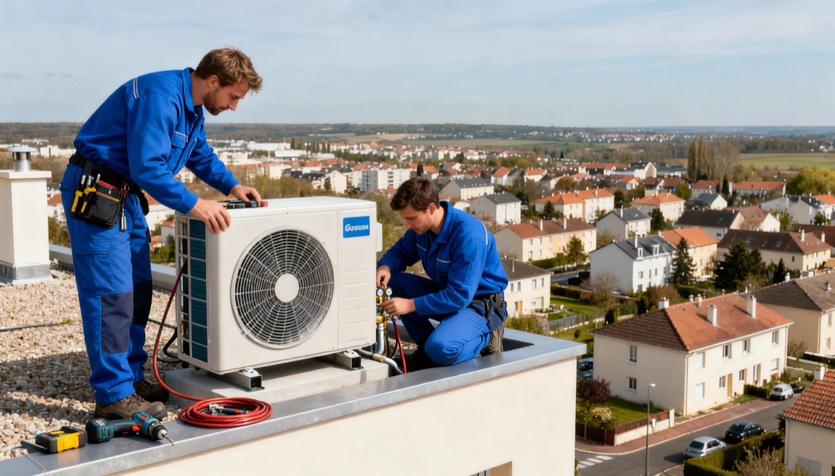 Deux techniciens installent une pompe à chaleur sur un immeuble résidentiel à Garges-lès-Gonesse