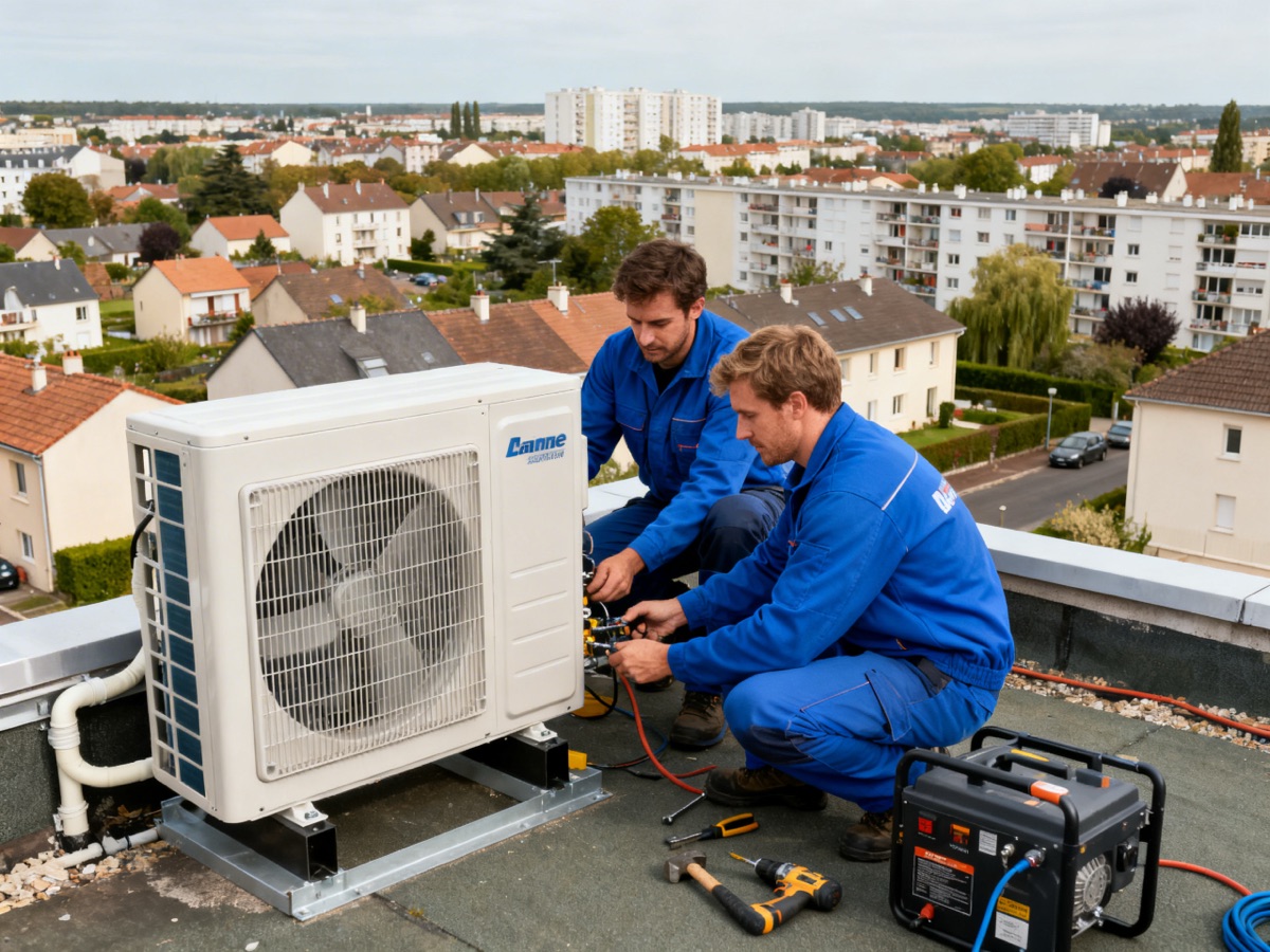 Deux techniciens installent une pompe à chaleur sur un pavillon à Goussainville