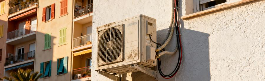 Pompe A Chaleur Le Cannet Immeuble Facade Unité extérieure de pompe à chaleur installée sur façade d'immeuble résidentiel au Cannet, Alpes-Maritimes