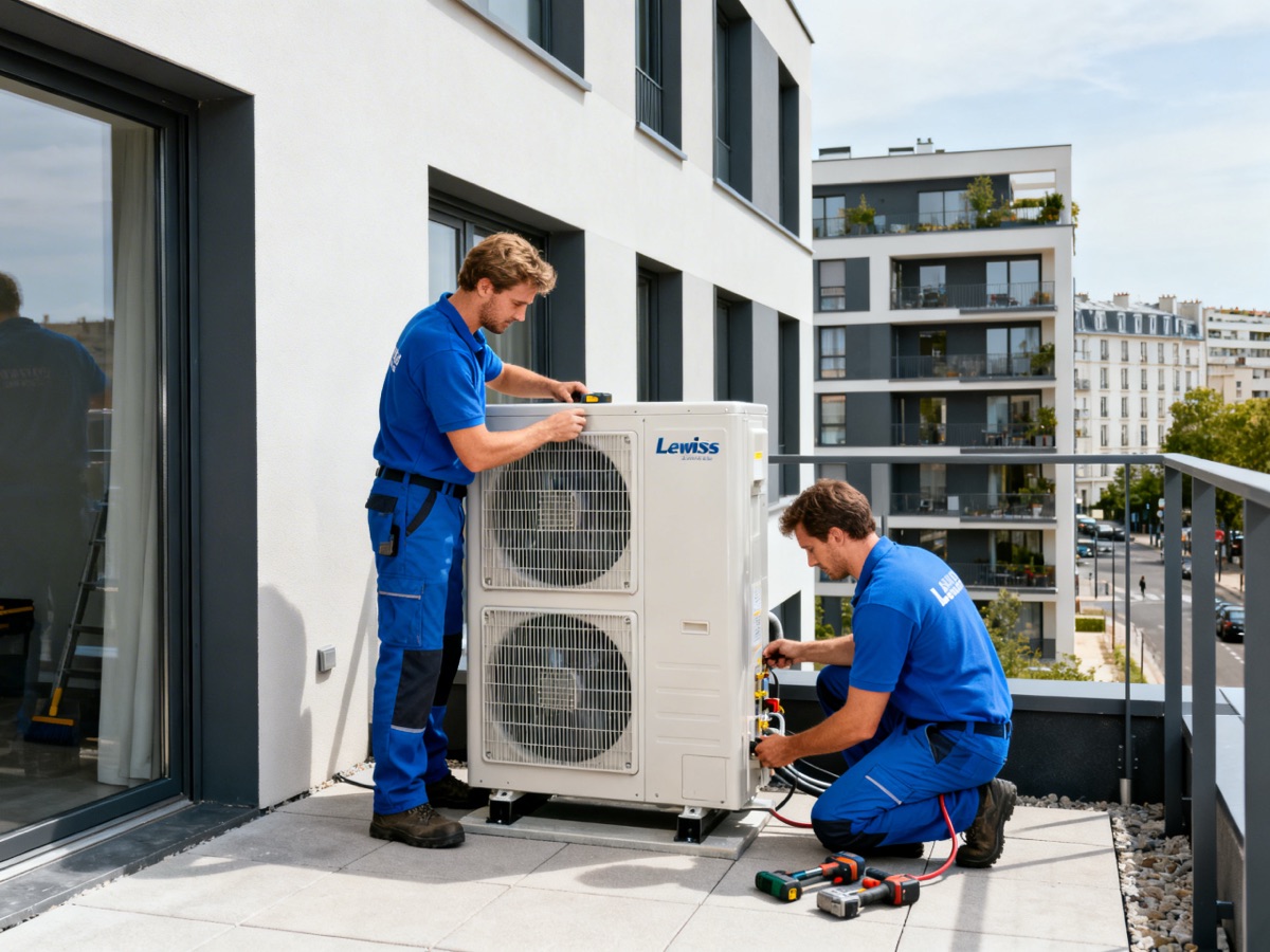 Deux techniciens installent une pompe à chaleur sur un immeuble à Levallois-Perret