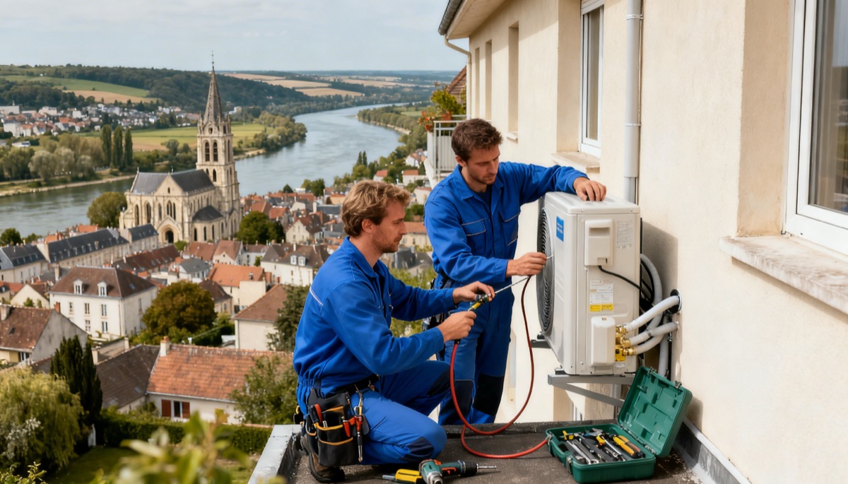 Deux techniciens installent une pompe à chaleur sur un pavillon à Mantes-la-Jolie avec vue sur la vallée de la Seine