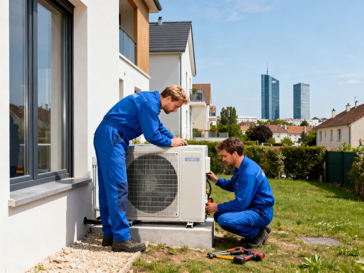 Deux techniciens installent une pompe à chaleur près d'une maison à Nanterre avec La Défense en arrière-plan