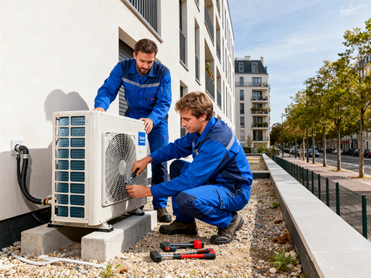 Deux techniciens installent une pompe à chaleur sur un immeuble du 12e arrondissement de Paris