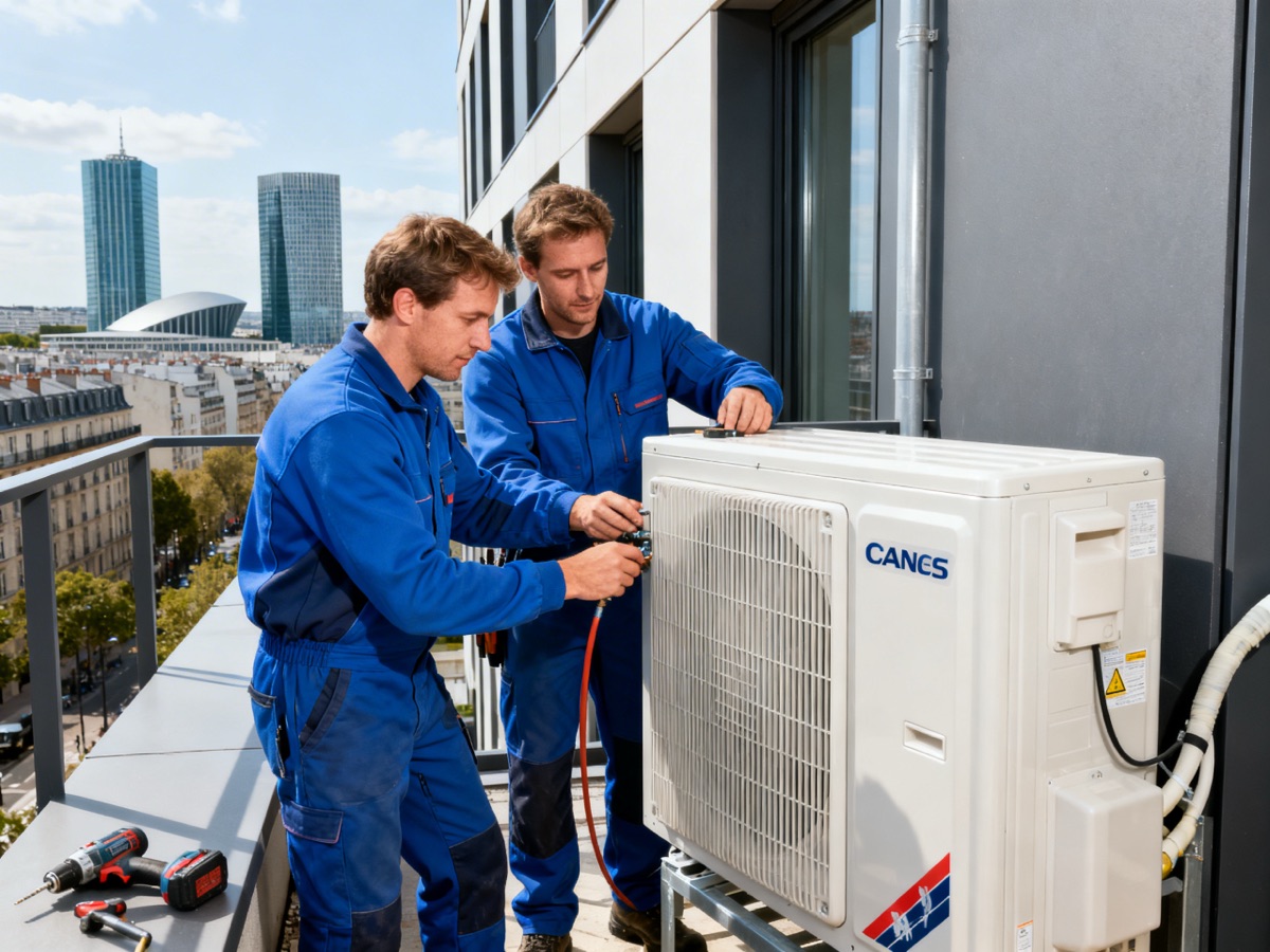 Deux techniciens installent une pompe à chaleur sur un balcon dans le 13e arrondissement de Paris