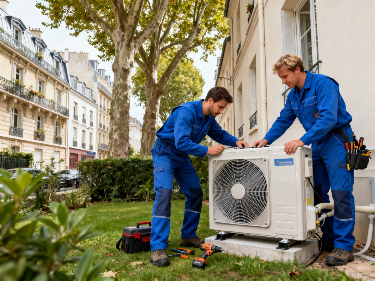 Deux techniciens installent une pompe à chaleur dans une cour du 14e arrondissement de Paris
