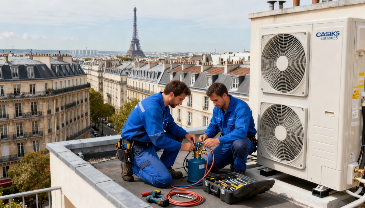 Pompe à chaleur Paris 15e Deux techniciens installent une pompe à chaleur sur un immeuble du 15e arrondissement de Paris