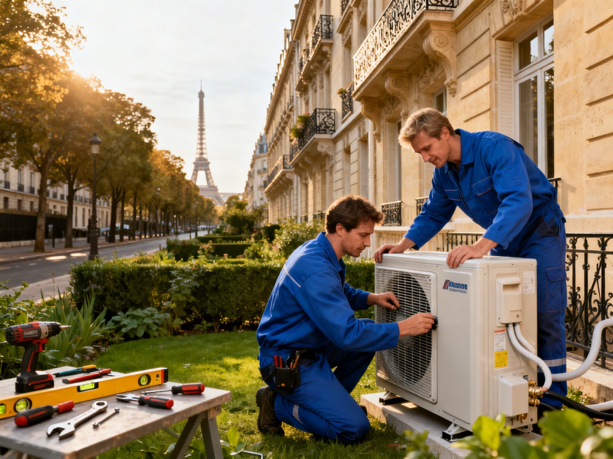 Deux techniciens installent une pompe à chaleur dans le 16e arrondissement de Paris