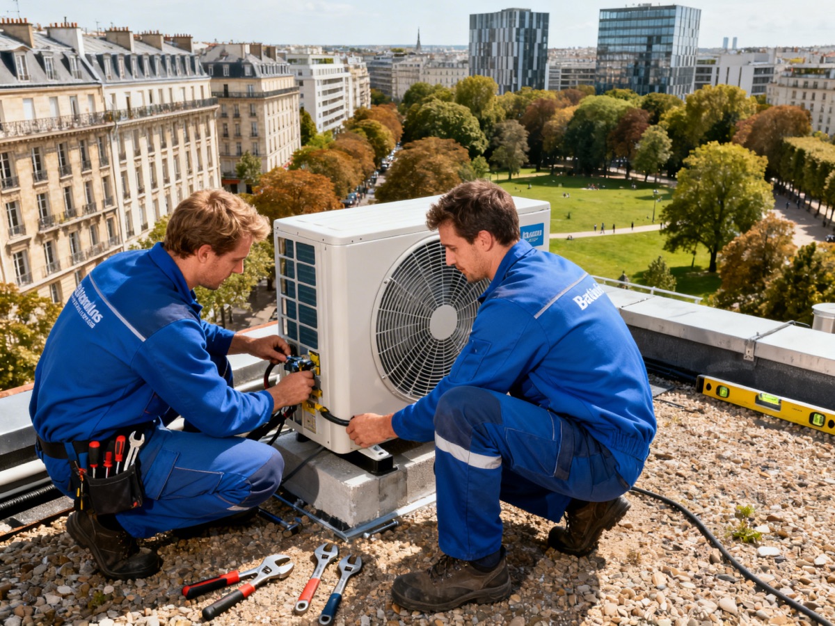 Techniciens installant une pompe à chaleur sur un toit du 17e arrondissement de Paris