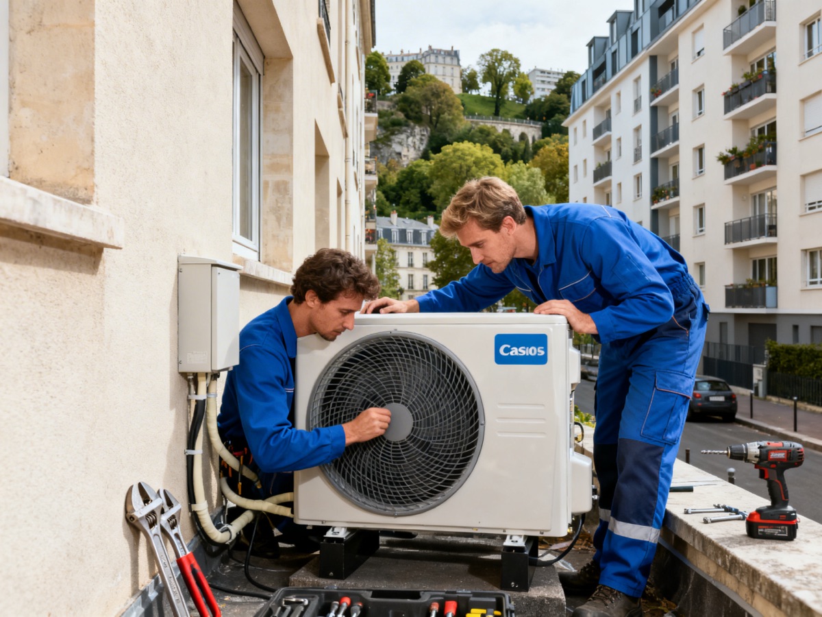 Deux techniciens installent une pompe à chaleur dans le 19e arrondissement de Paris