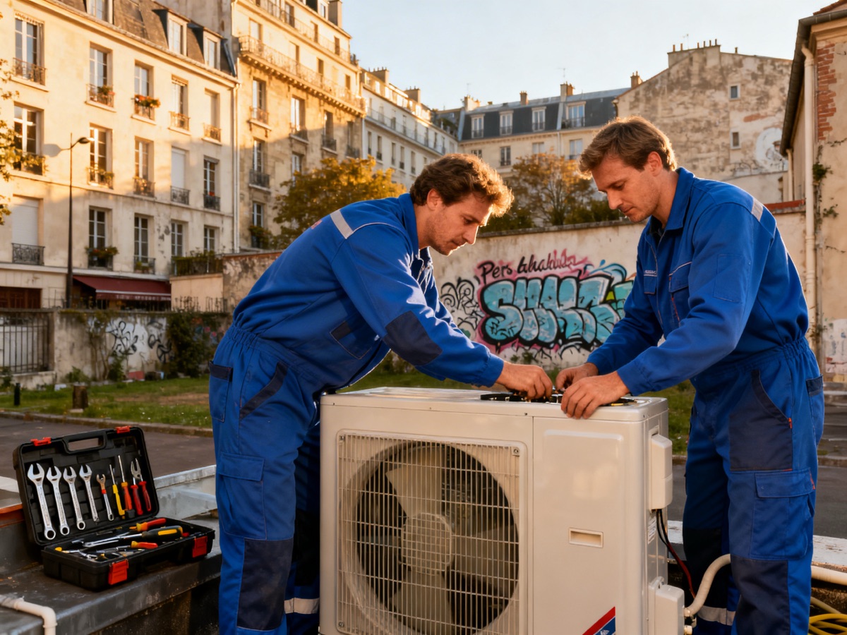 Pompe à chaleur Paris 20e Deux techniciens installent une pompe à chaleur dans une cour du 20e arrondissement de Paris