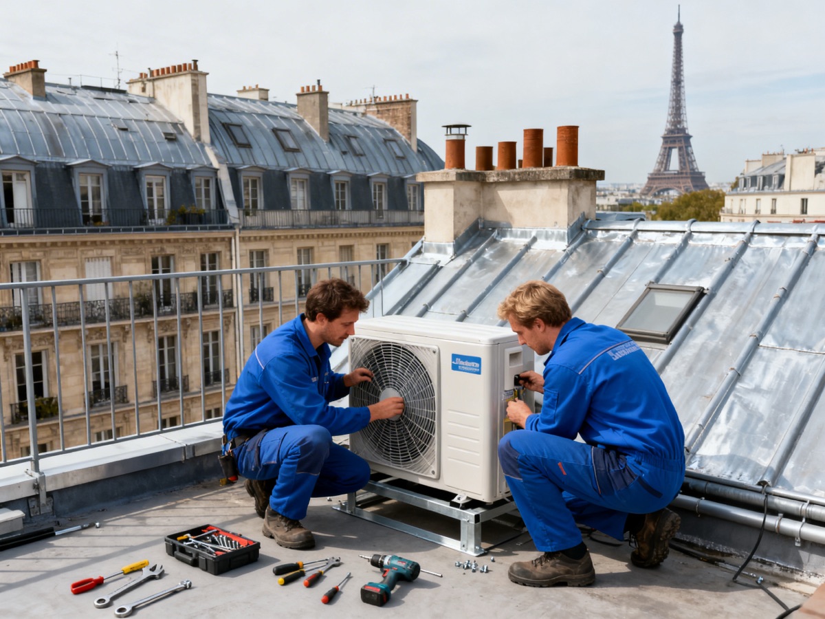 Pompe à chaleur Paris 75 Techniciens installant une pompe à chaleur sur un toit parisien avec vue sur les immeubles haussmanniens