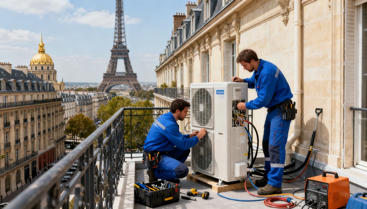 Deux techniciens installent une pompe à chaleur sur la terrasse d un immeuble du 7e arrondissement de Paris avec vue sur la Tour Eiffel