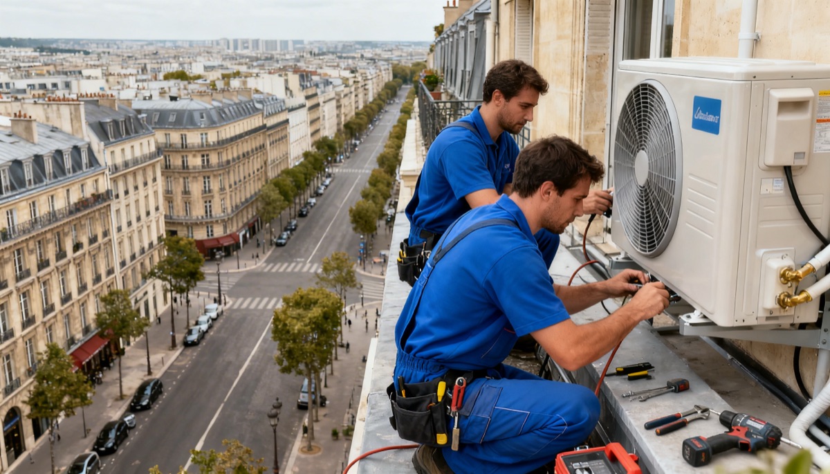 Pompe à chaleur Paris 8e Deux techniciens installent une pompe à chaleur sur un immeuble haussmannien du 8e arrondissement de Paris