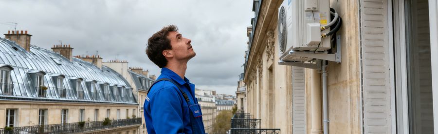 Pompe A Chaleur Paris Installation Immeuble Haussmannien Pompe à chaleur Paris : technicien évaluant l'installation sur un immeuble haussmannien