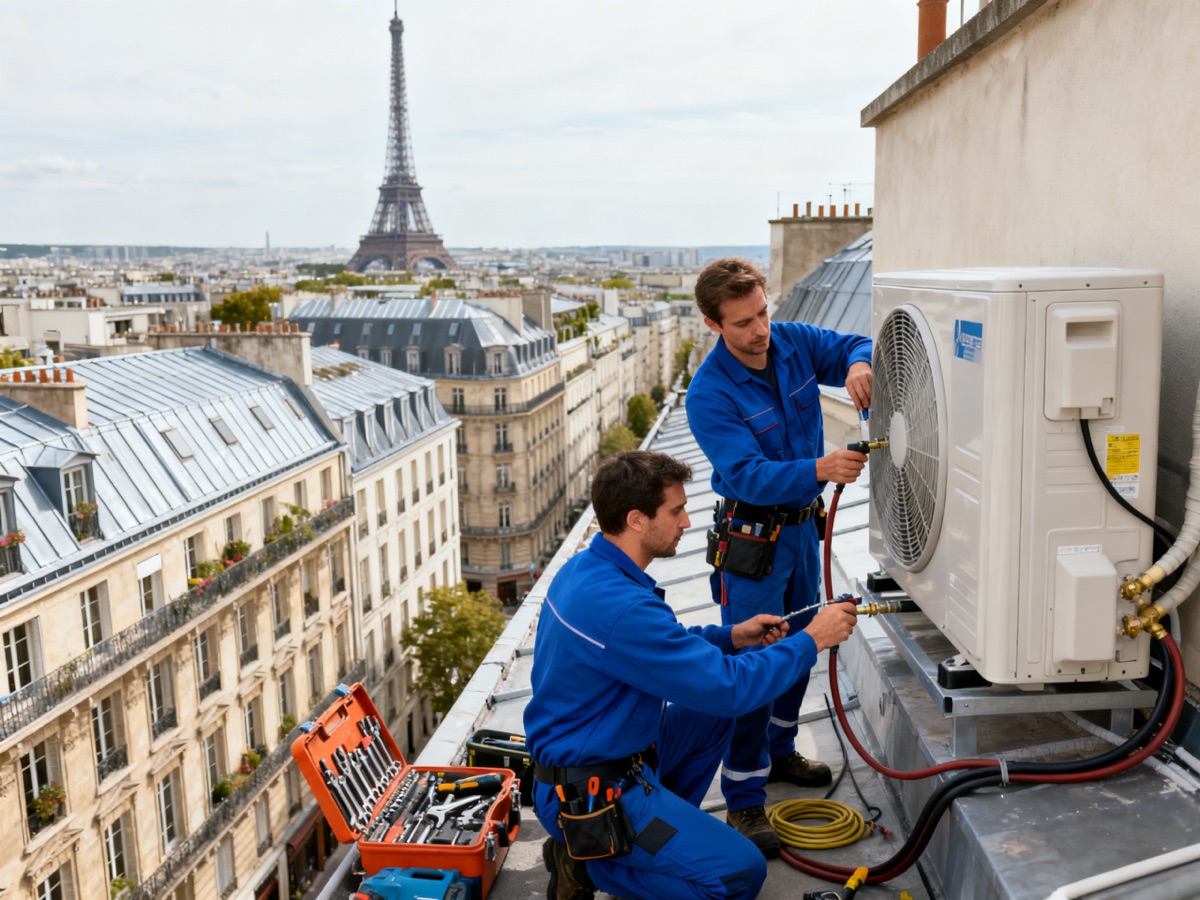 Pompe à chaleur Paris Deux techniciens installent une pompe à chaleur sur un immeuble parisien