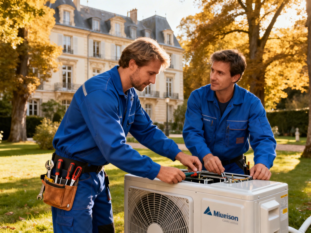 Deux techniciens installent une pompe à chaleur dans le jardin d'une maison à Rueil-Malmaison