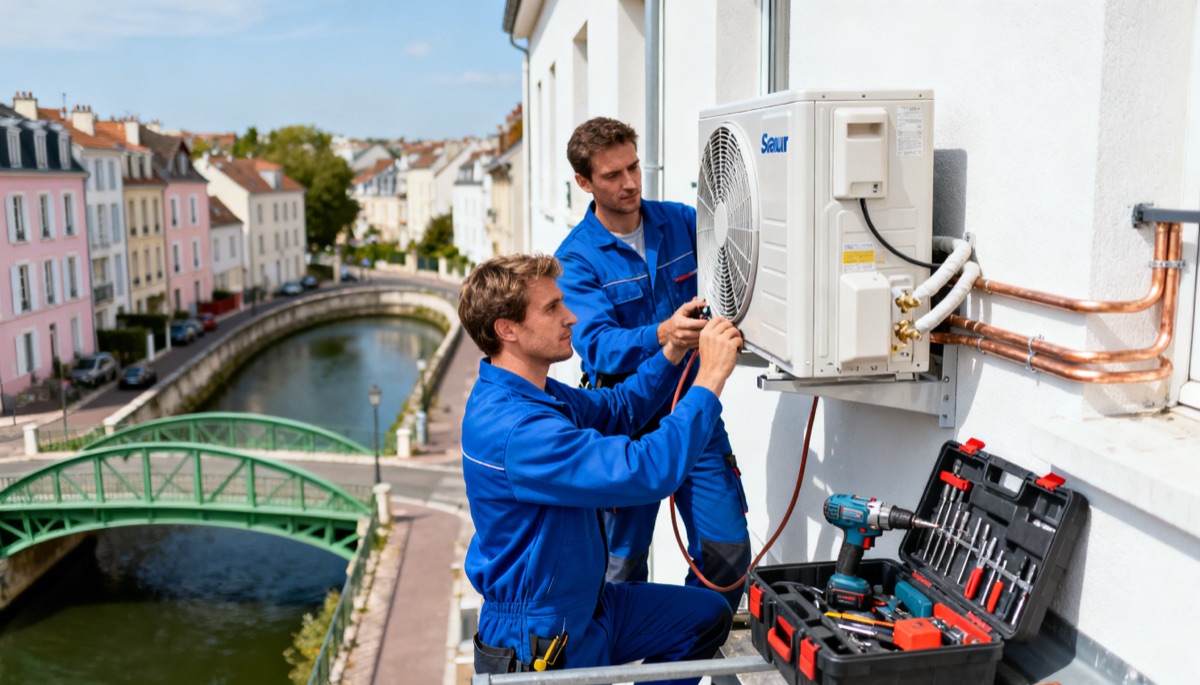 Deux techniciens installent une pompe à chaleur sur un pavillon à Saint-Maur-des-Fossés