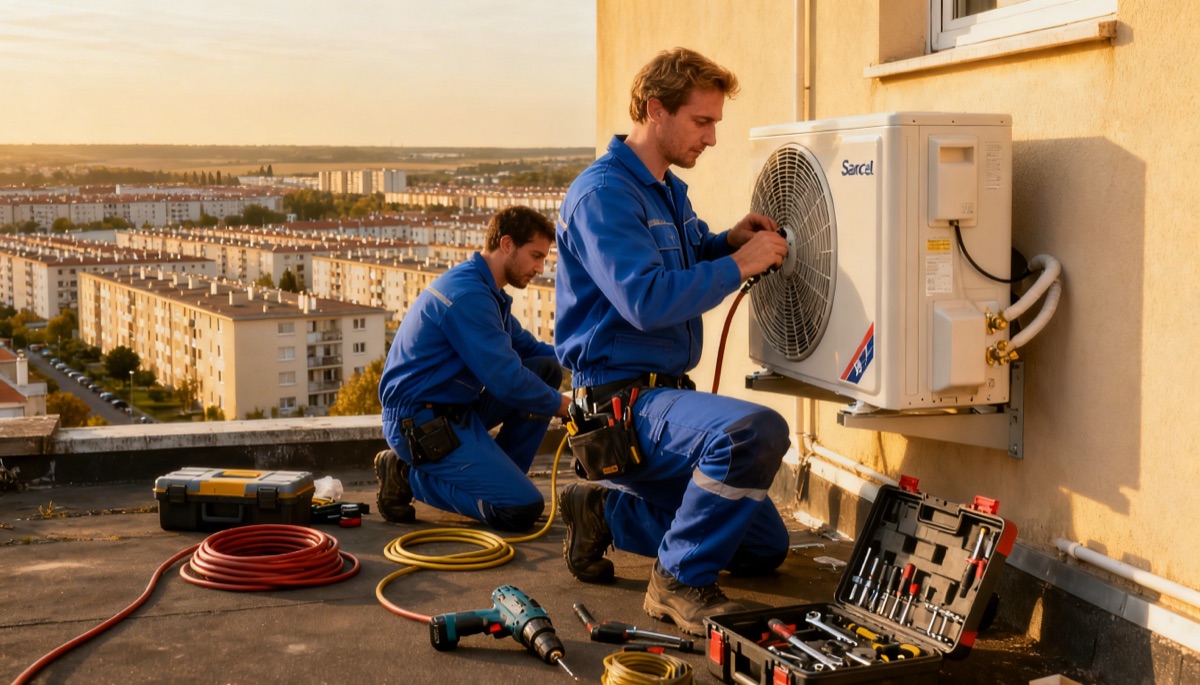 Deux techniciens installent une pompe à chaleur sur un immeuble résidentiel à Sarcelles