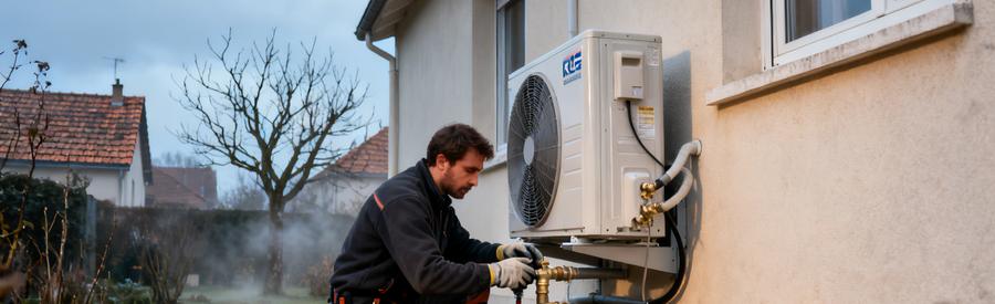 Pompe A Chaleur Seine Et Marne 77 Installation Pavillon Artisan RGE installant une pompe à chaleur air/eau sur un pavillon en Seine-et-Marne par temps hivernal