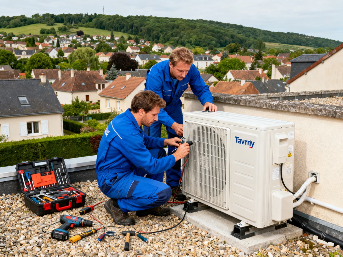 Deux techniciens installent une pompe à chaleur sur une maison à Taverny