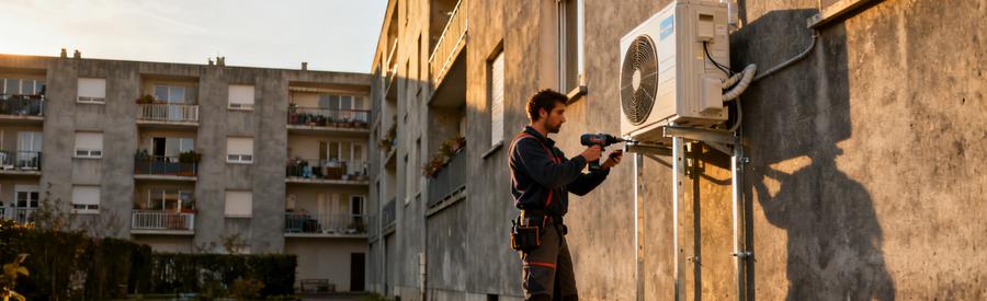 Pompe A Chaleur Vitry Sur Seine Immeuble Installation Artisan RGE installant une pompe à chaleur sur façade d'immeuble années 60 à Vitry-sur-Seine