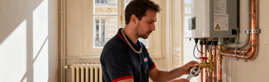 Artisan RGE raccordant une pompe à chaleur air/eau sur circuit radiateurs dans un appartement Paris 16e